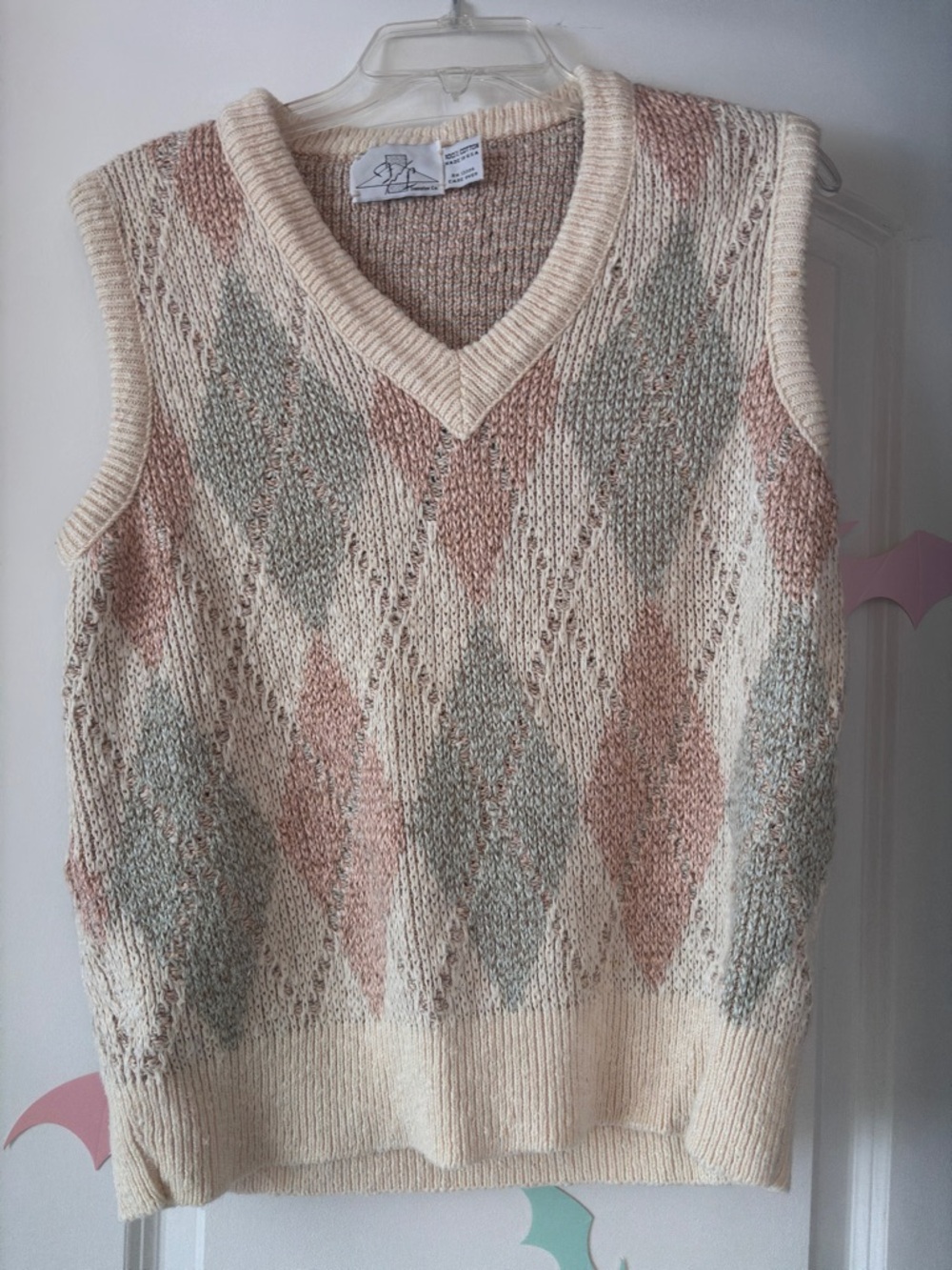 Cream Argyle V-Neck Sweater Vest with Pink and Sage Accents